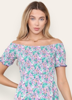 Shirred Lilac Floral Midi Dress